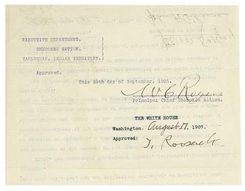 ROOSEVELT, THEODORE. Endorsement Signed, T. Roosevelt, as President, approving a resolution of the National Council of the Cherokee N